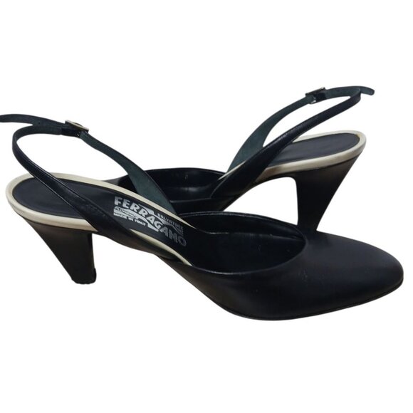 Salvatore Ferragamo Leather Slingback Heels With Contrast Sole  black/white 6.5 - Picture 7 of 13